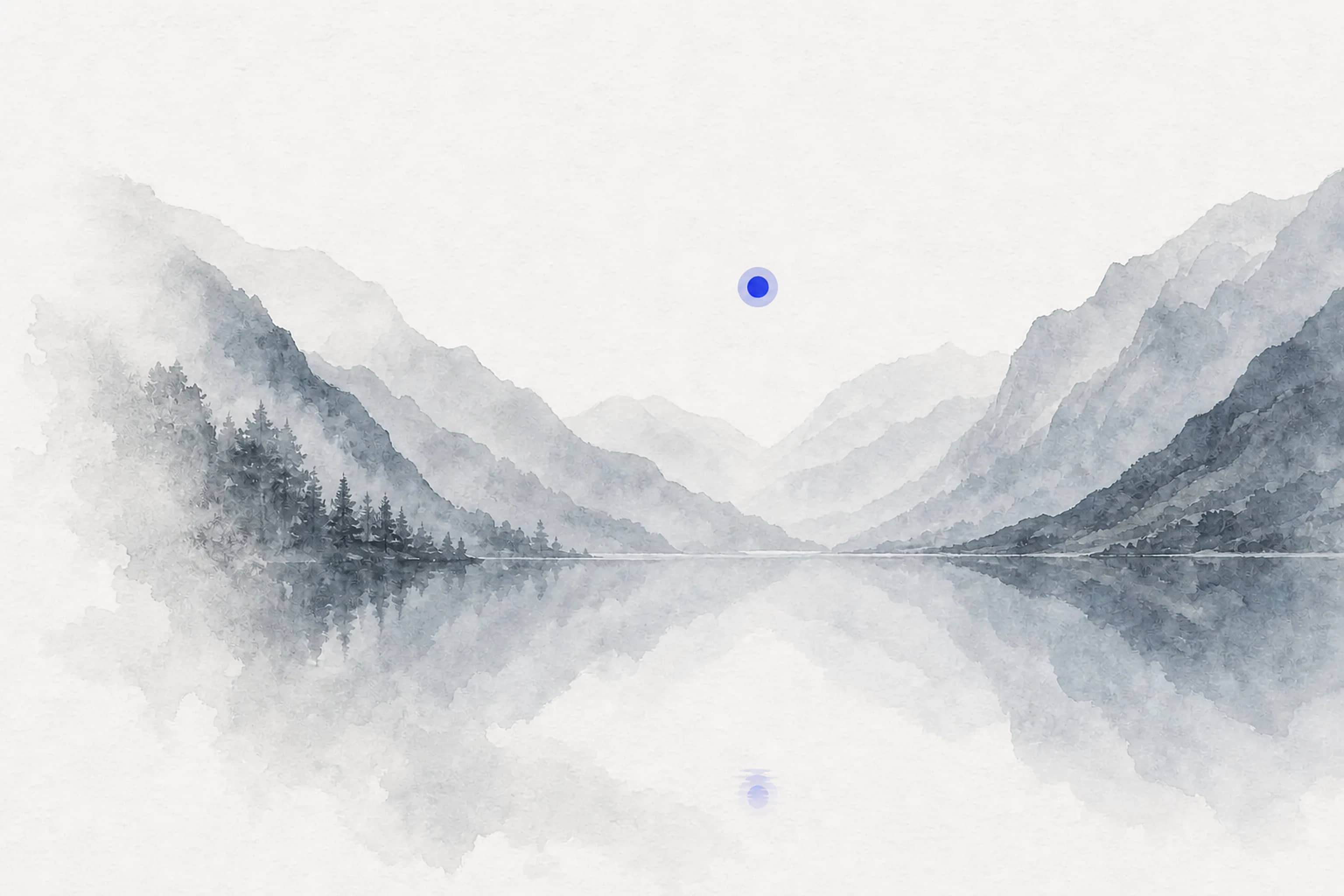 A calm monochrome watercolour of misty mountains mirrored in a still lake
