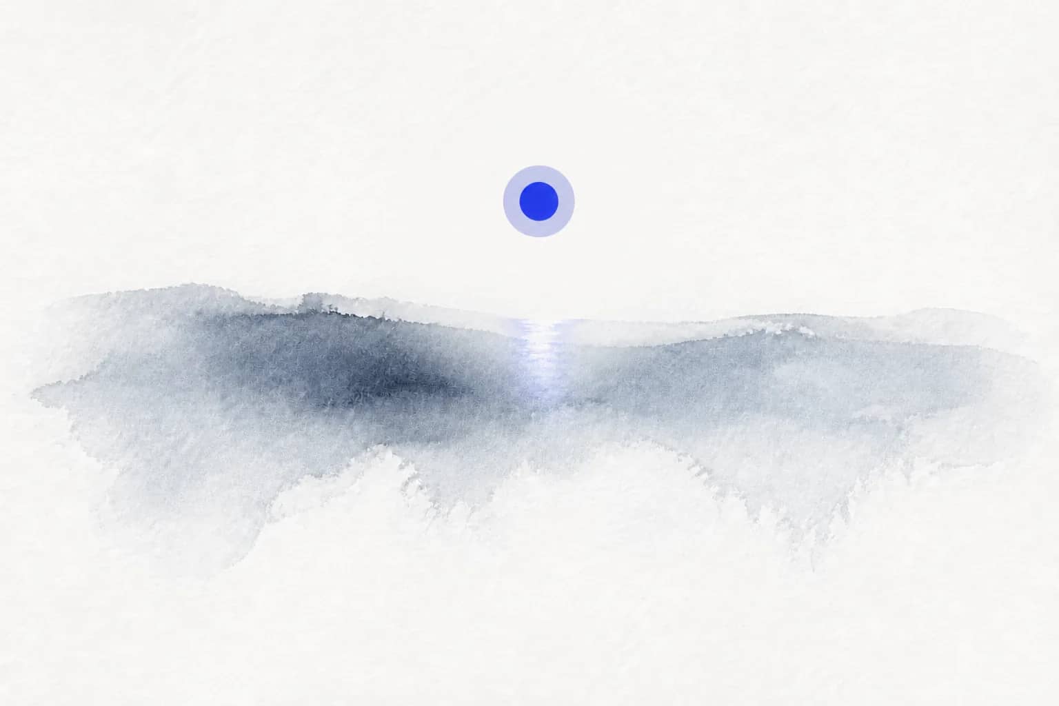 Watercolour: a luminous open field with a cobalt focal mark, a point of focus