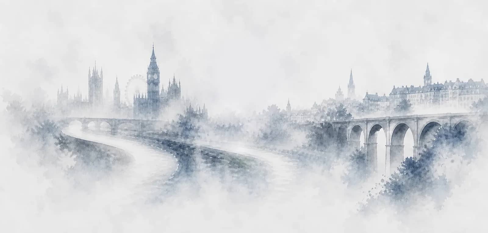 Watercolour panorama: the Thames past Big Ben dissolving into Luxembourg's arched viaduct — one skyline across both offices