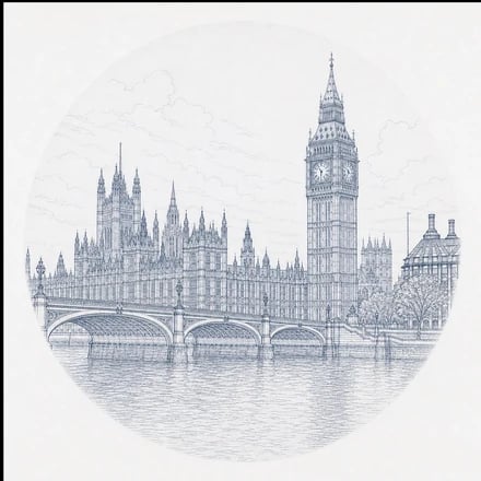 Line drawing of the Palace of Westminster and Westminster Bridge