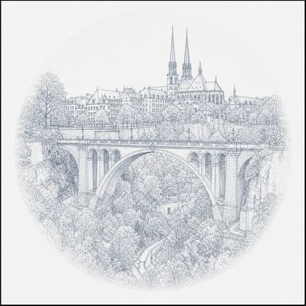 Line drawing of the Pont Adolphe viaduct and the spires of Luxembourg City
